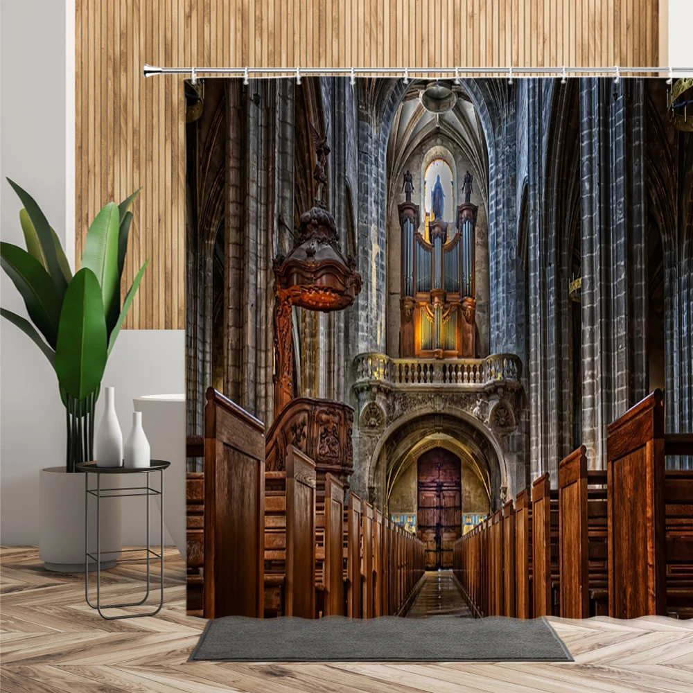 

European 3D Building Arched Door Shower Curtain Roman Column Church Bathroom Decoration Background Waterproof Bath Curtains Set