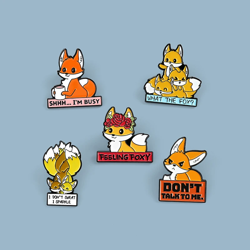 

2021 Flower Fox Enamel Pins Funny Quote Animal Brooches for Women Cute Lapel Pin Backpacks Badge Cartoon Jewelry Gift Wholesale
