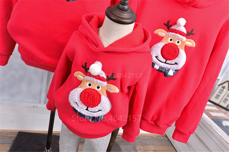 Christmas Family Matching Outfits New Year Family Look Mother and Daughter Clothes Red Elk Winter Warm Xmas Hoodies