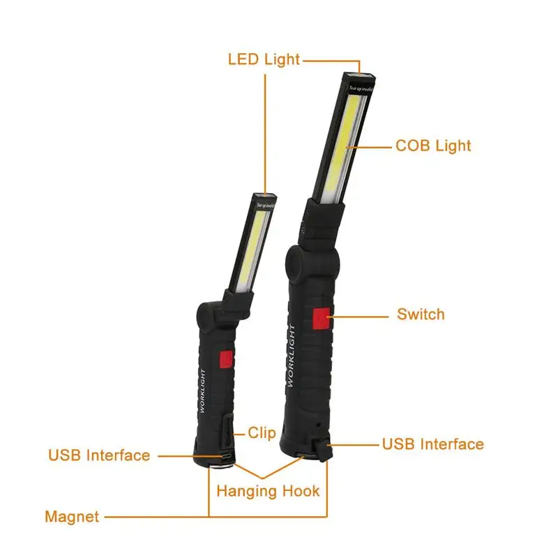 СВЕТОДИОДНЫЙ Портативный фонарик магнитный перезаряжаемый вращающийся COB USB