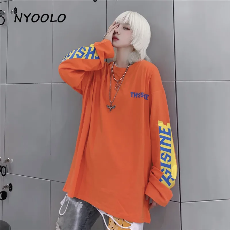 NYOOLO Harajuku стиль простая футболка с буквенным принтом Осенняя уличная свободная футболка с длинными рукавами и круглым вырезом Женская Мужская одежда Топ - Цвет: Оранжевый