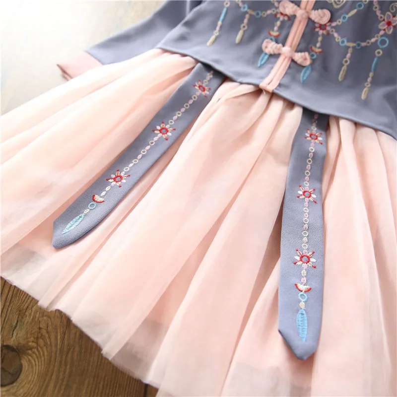 Новое Кружевное платье принцессы Hanfu с цветочной вышивкой для девочек