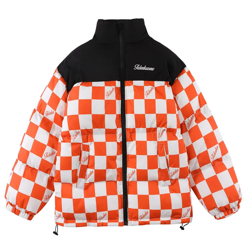 

2021 Hip Hop Streetwear Men Parka Checkerboard Patchwork Padded Outwear Coat Harajuku Korean Fashion Winter Warm Male Jacket