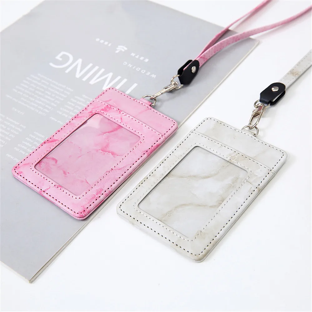ID Badge Holder Lanyard 2 Bits Card Bag Women Identity Rope Card Case Holders Creative Marbled PU Leather Card Stickers