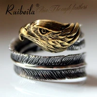 ruibeila jewelry animal eagle head feather sterling silver ring indian style open adjustable thai silver men and women ring