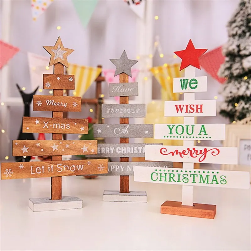 1Pc Wooden Desktop Small Christmas Tree Mini Ornaments 27.5cm Table Decoration for Home Xmas Trees Letters Gift New | Дом и сад