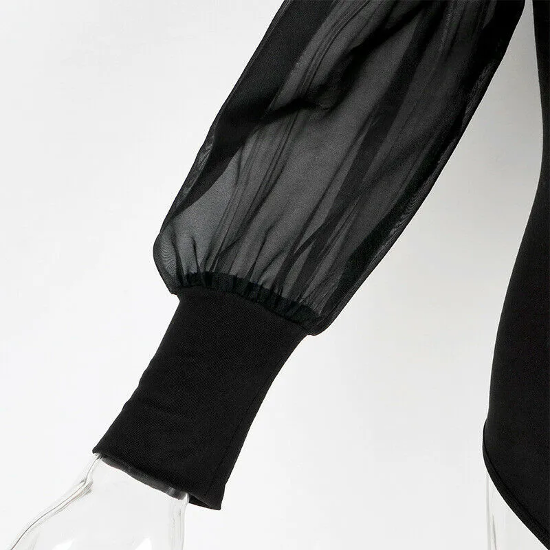 Женский комбинезон с длинным рукавом и буффами однотонный черный повседневный