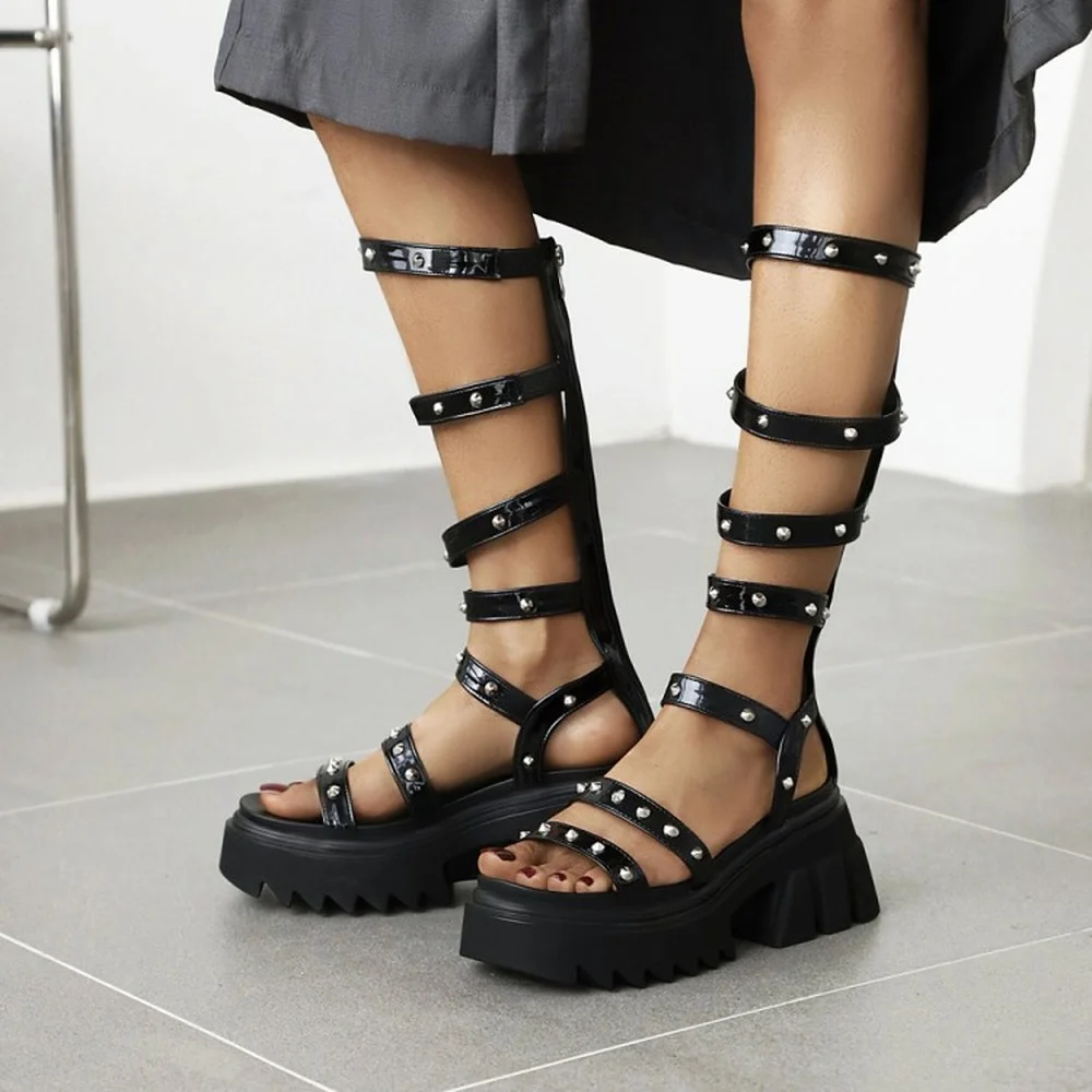 

Knee High Sandals Cross Strap Rivet Gladiators Roman Shoes Retro Womens Wedge High Heel Casual Hollow Out Summer Punk NewNew