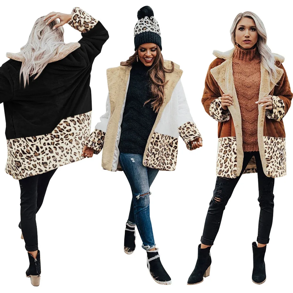 

Winter Women Leopard Patchwork Teddy Coat Fluffy Plush Lapel Winter Warm Faux Fur Jacket Cardigan Overcoat
