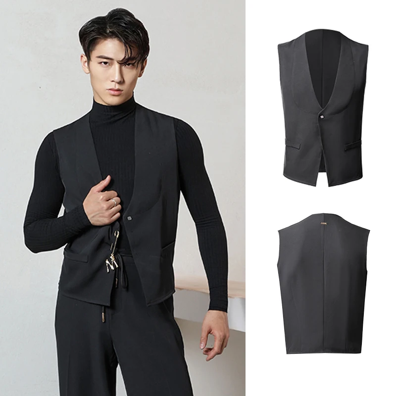 

2020 Men Latin Dance Tops Black Vest Male Adult Latin Practice Wear Salsa Cha Cha Ballroom Dance Competition Clothing DNV14156
