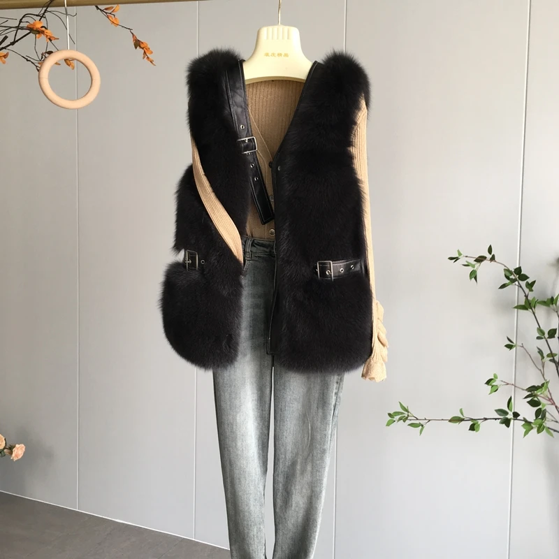 2021 New Real Fox Fur Gilet Women's Coat Waistcoat Fur Sleeveless Gilet Caramel Color Wild Coats Casual Style Plush Warm Jacket