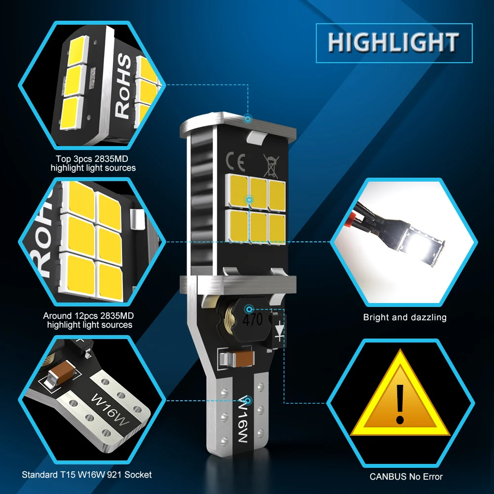 2Pcs T15 W16W LED Canbus Error Free Car Reverse Lights 921 912 Bulb AUTO Signal Lamp 6000K White for BMW VW Ford Lada Audi | Автомобили и