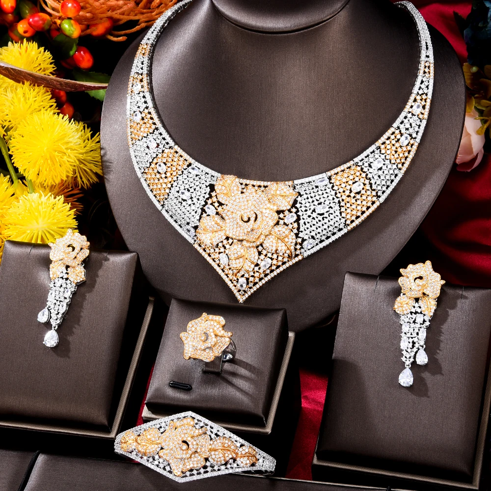 Siscathy Роскошные арабские полные кубические циркониевые Цветочные Свадебные серьги, ожерелье, браслет, браслет, аксессуар Вечерние