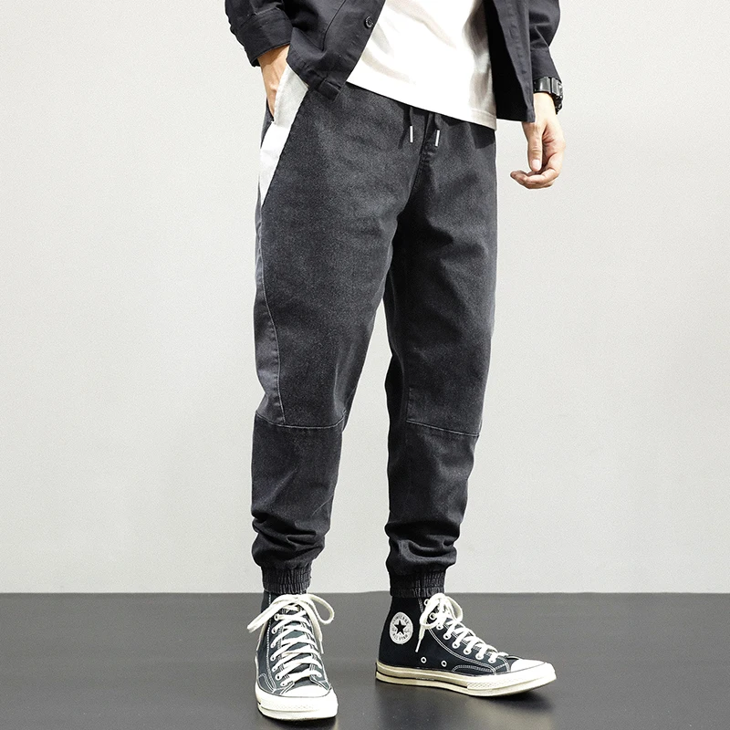 

Japanese Style Fashion Men Jeans Loose Fit Casual Cargo Pants Streetwear Spliced Designer Black Gray Hip Hop Joggers Trousers