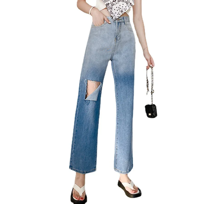 

Gradient ripped jeans women's spring and summer new high-waist blue loose straight and thin wide-leg cropped trousers women