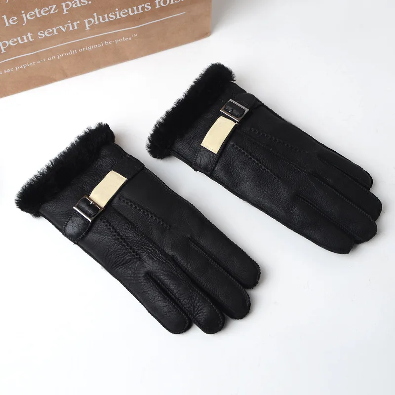 Fashion sheepskin wool gloves ladies winter warm outdoor riding points sheep fur one leather HN283 | Аксессуары для одежды