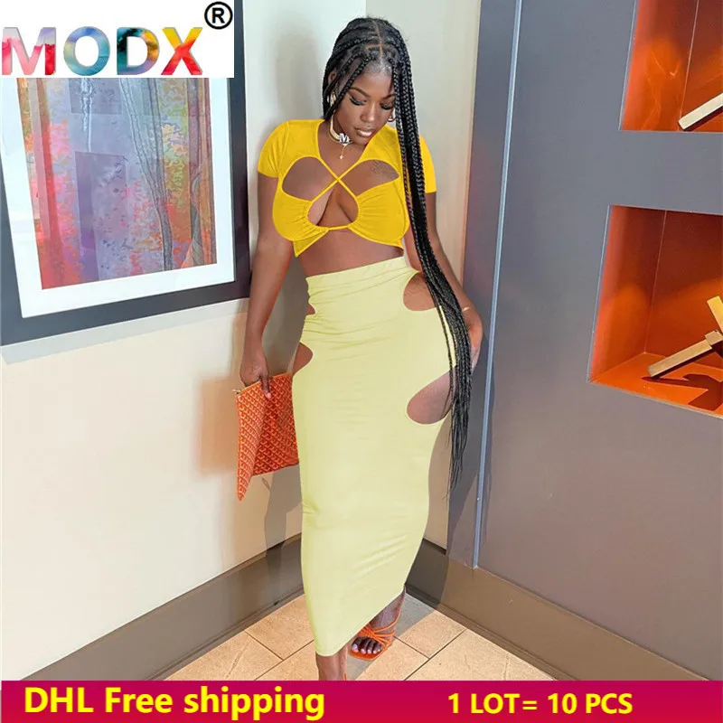 

Женские сексуальные платья из двух частей, короткий топ с коротким рукавом и юбка макси, однотонные платья, костюмы, летняя одежда, Клубная о...