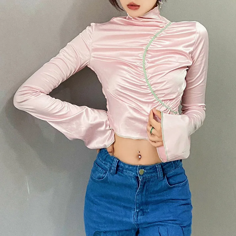 

Pink Sexy Open Navel T-shirts Flare Sleeve Turtleneck Patchwork Short Tees Sweet Exquisite Fashion Elegant Silky Slim-fit Tops