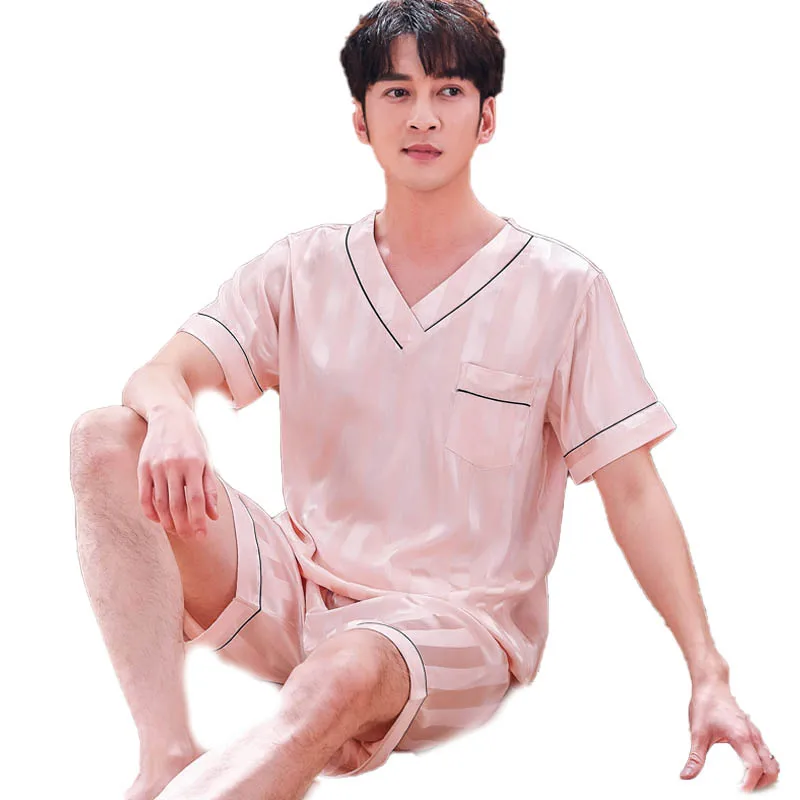 

Pajamas Men'S Summer Short Sleeve Shorts Ice Silk Thin Silk Boys' Oversized Loose And Comfortable Home Wear Set