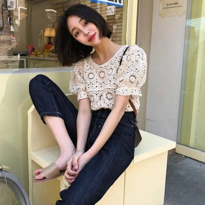 Женский ажурный топ с круглым вырезом однотонная хлопковая трикотажная рубашка