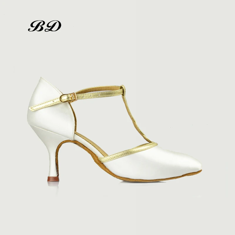 Женские туфли для танцев BD белые высококачественные атласные современных на