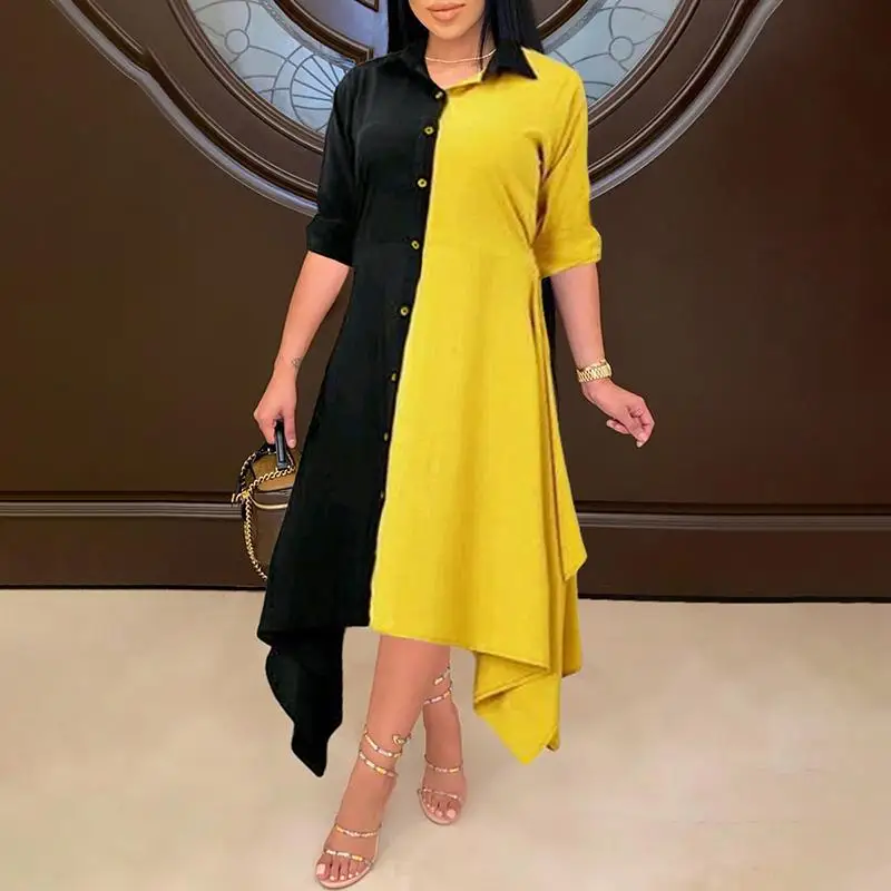 

Autumn Dress VONDA 2021 Women Vintage Patchwork Long Sleeve Baggy Dresses Loose Asymmetric Hem Lapel Collar Beach Sundress