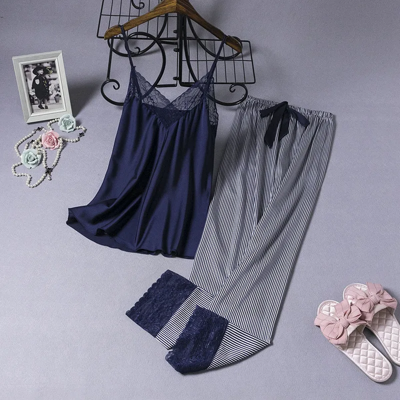 

Пижамный комплект Женский из топа и брюк, кружевная пижама в синюю полоску на бретелях, пикантная одежда для сна без рукавов, повседневный п...