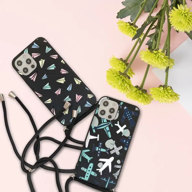 

Cartoon airplane pattern travel Phone Case For iPhone 7 8 11 12 X XS XR MINI Pro Max Plus Strap Cord Chain Lanyard soft