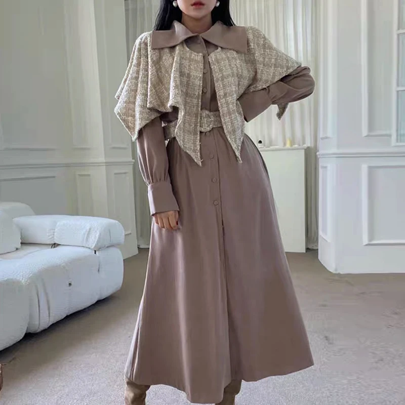 Французское Элегантное Длинное Платье VANOVICH со съемной шалью из твида Новинка