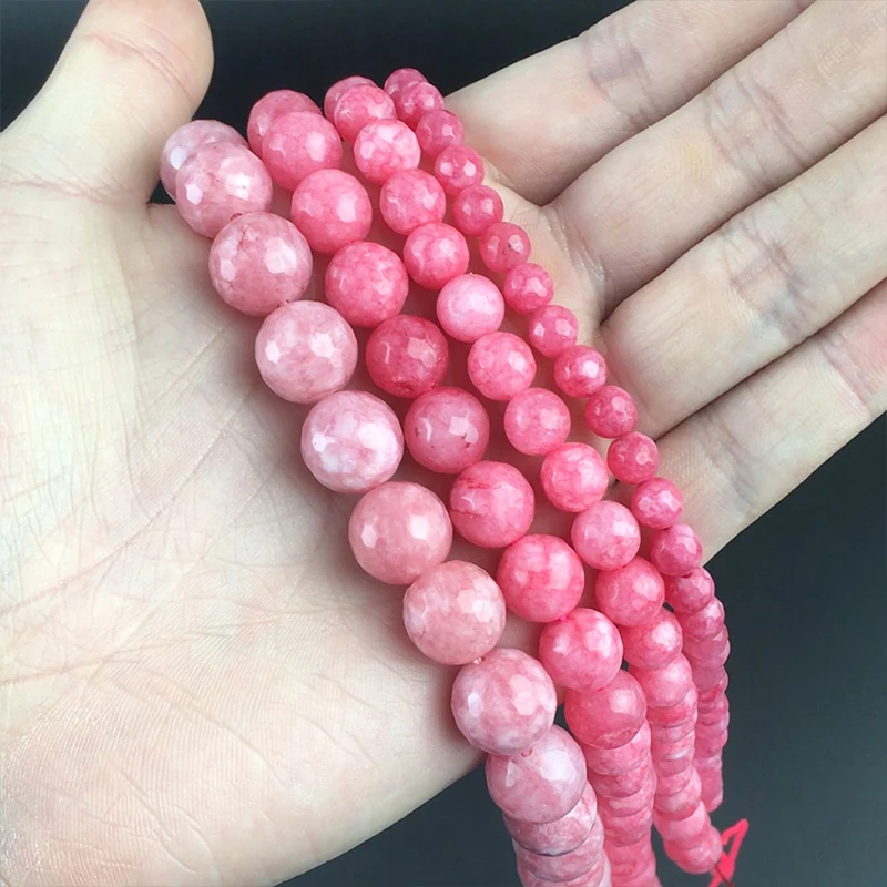 

Natural Faceted Pink Chalcedony Jades Stone Beads Round Spacer Beads For Jewelry Making DIY Charms Bracelet 15''4/6/8/10/12mm
