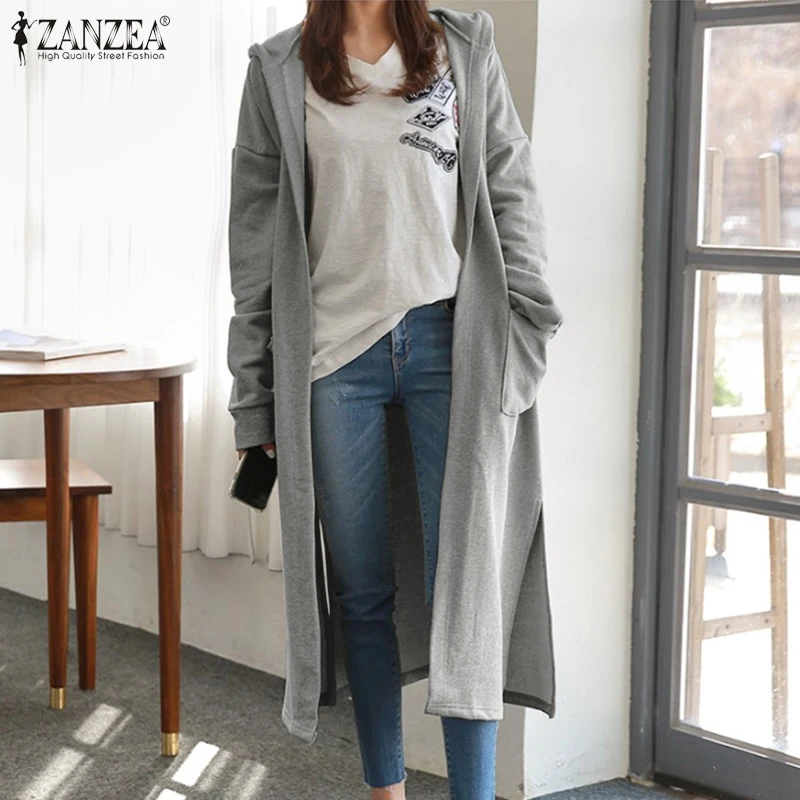 

ZANZEA Sweatshirt Coats Women Fashion Long Sleeve Jackets Autumn Solid Hooded Cardigan Female Casual Oversized Midi Outwear Coat