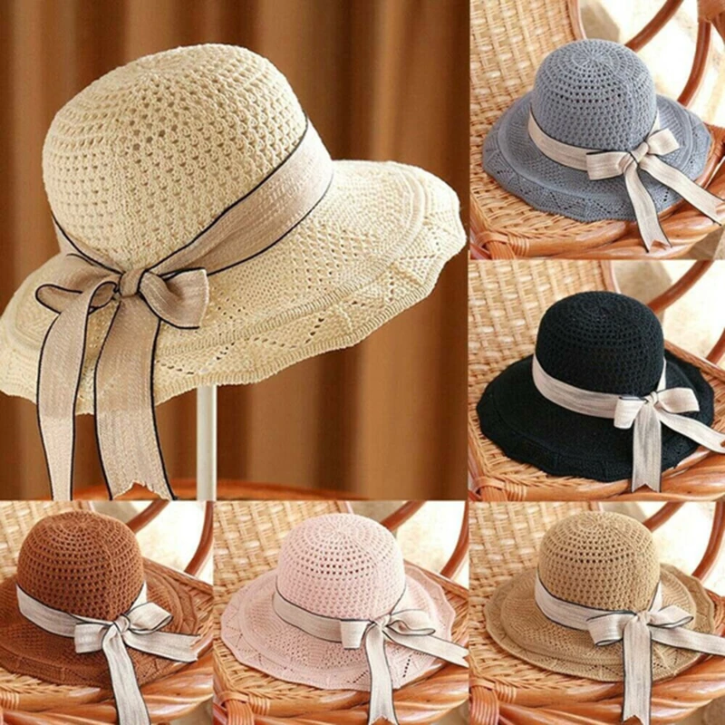 

Sun Hats Foldable Wide Brim Floppy Girls Crochet Knit Hat Sun Hat Beach Women Summer Hat UV Protect Travel Cap Lady Cap Female
