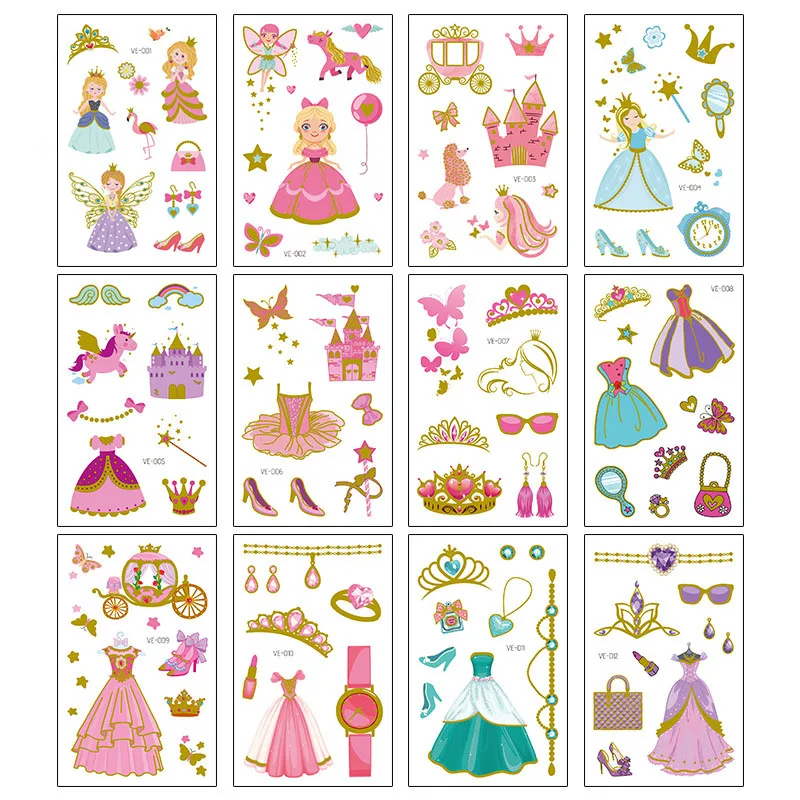 Детские наклейки с татуировками мультяшное платье принцессы замком горячим