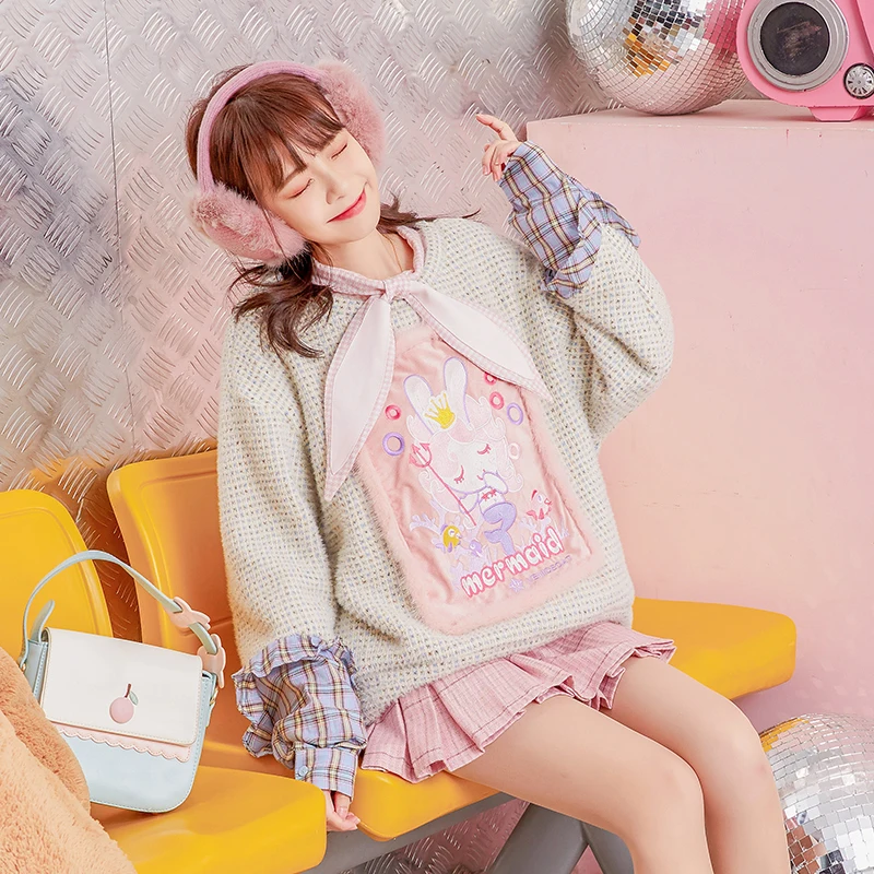 

Princess sweet lolita sweater Winter bright silk Mermaid embroidery round neck Plaid cuffs splicing loose knit sweater VC285
