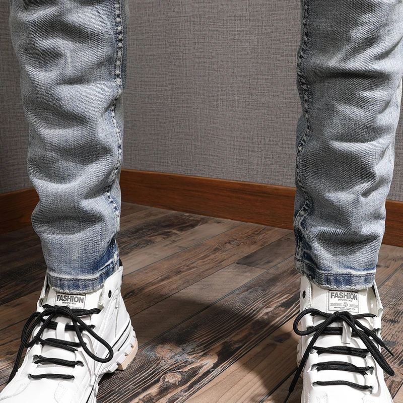 European Vintage Fashion Men Jeans Retro Light Blue Elastic Slim Ripped Jeans Men Embroidery Designer Korean Casual Denim Pants