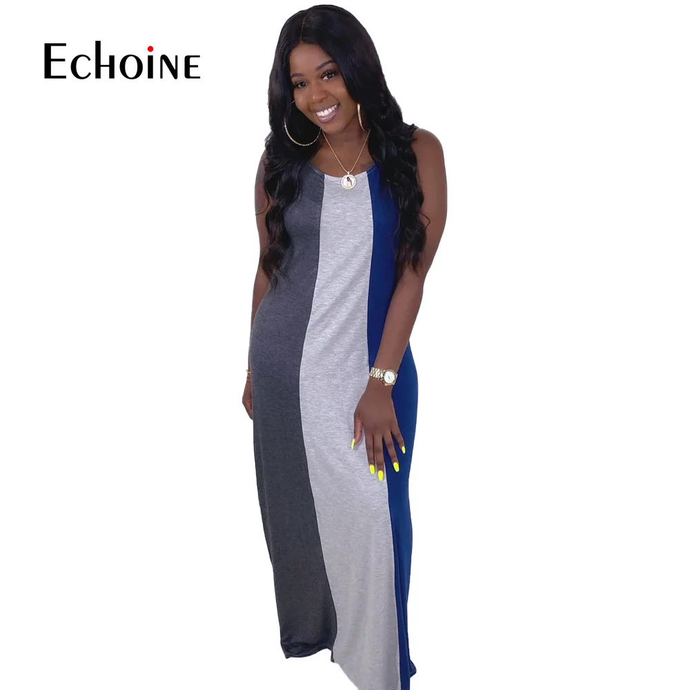 Женское длинное платье в полоску без рукавов с круглым вырезом|Женские платья| |