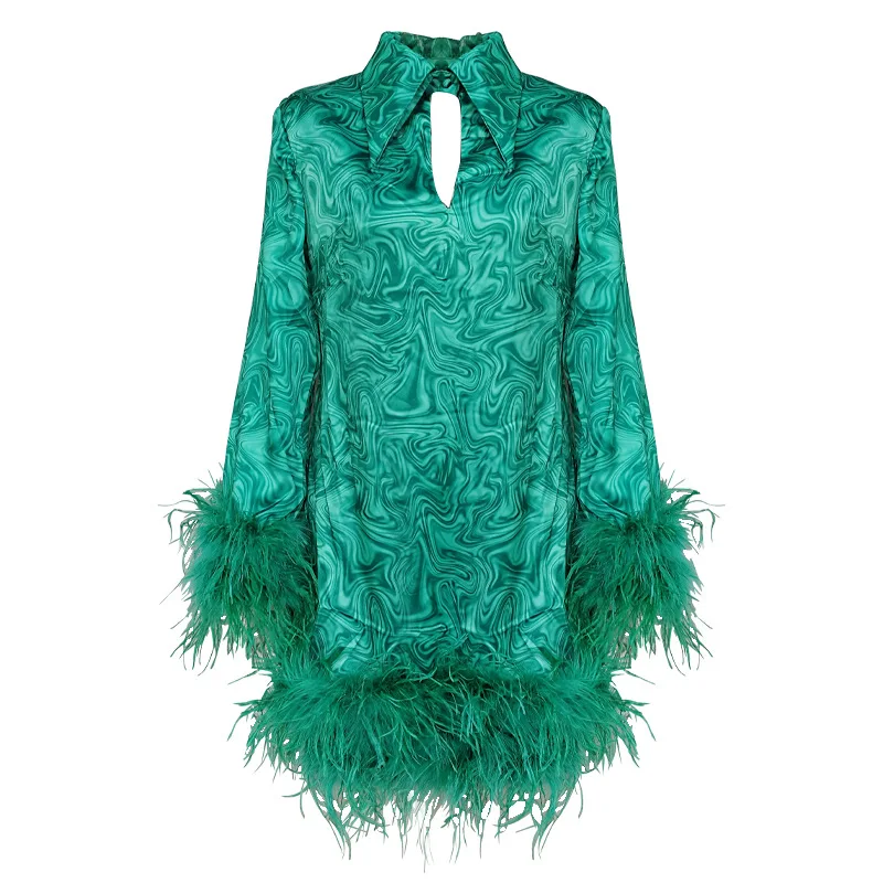COLOREE Runway Designer Women Mini Dress Elegant Red/Green Ostrich feather Patchwork Dress Vintage Long Sleeve Autumn Dress
