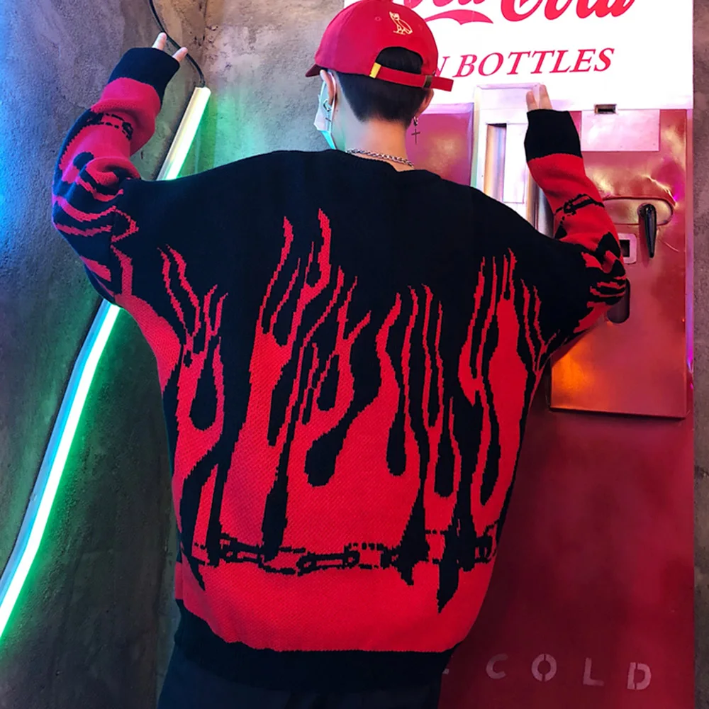 Женский вязаный свитер с принтом пламени пуловер в готическом стиле Свободный