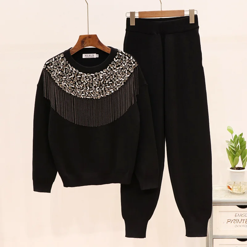 Зимние Dianonds свитера с бахромой комплект длинными рукавами трикотажные пуловеры +