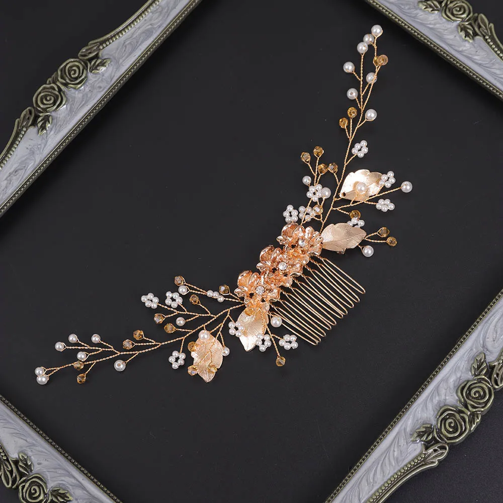 Свадебная заколка гребень Стразы с жемчугом и золотыми листьями свадебные