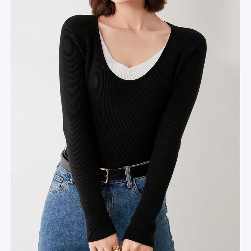 

Women's Fake Collar Splicing Slim Bottoming Shirt For Autumn/Winter New V-neck Pullover Sweater Top