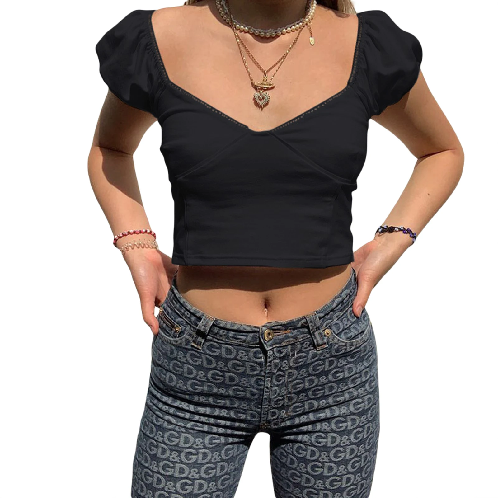 

Women Summer Crop Top, Adults Sexy Slim Fit Solid Color V-neck T-shirt (White, Black)