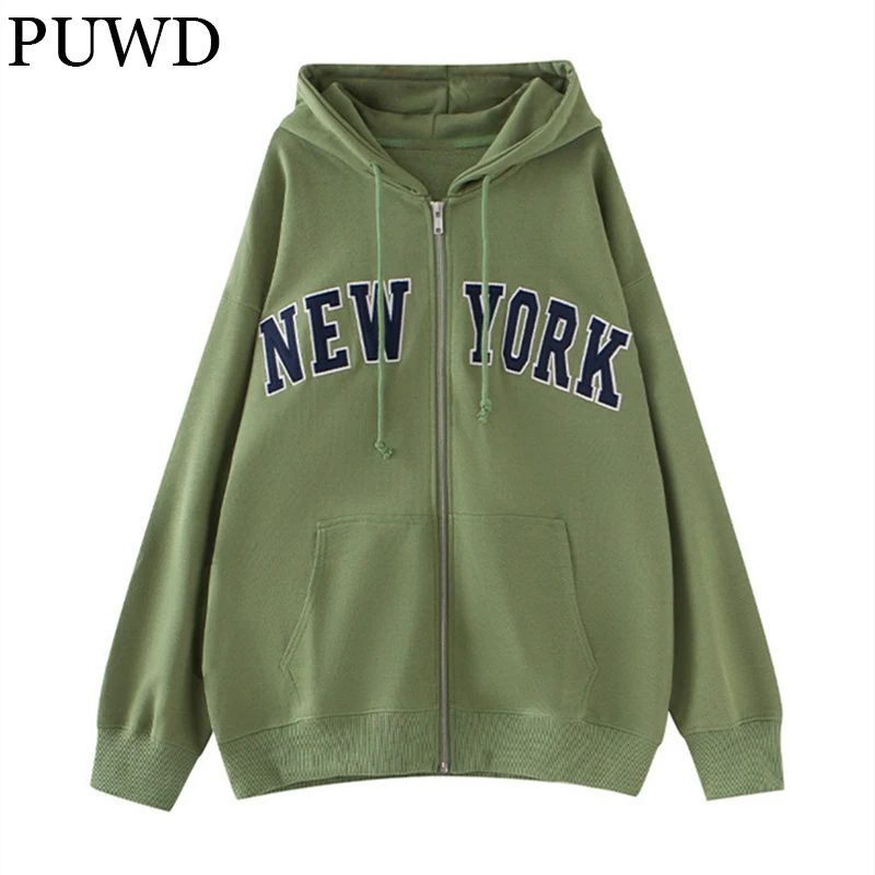 PUWD Cute Girls Embroidery Oversize Cotton Hoodies 2022 Autumn Fashion Ladies Loose Streetwear Hoodie Vintage Women Chic Tops