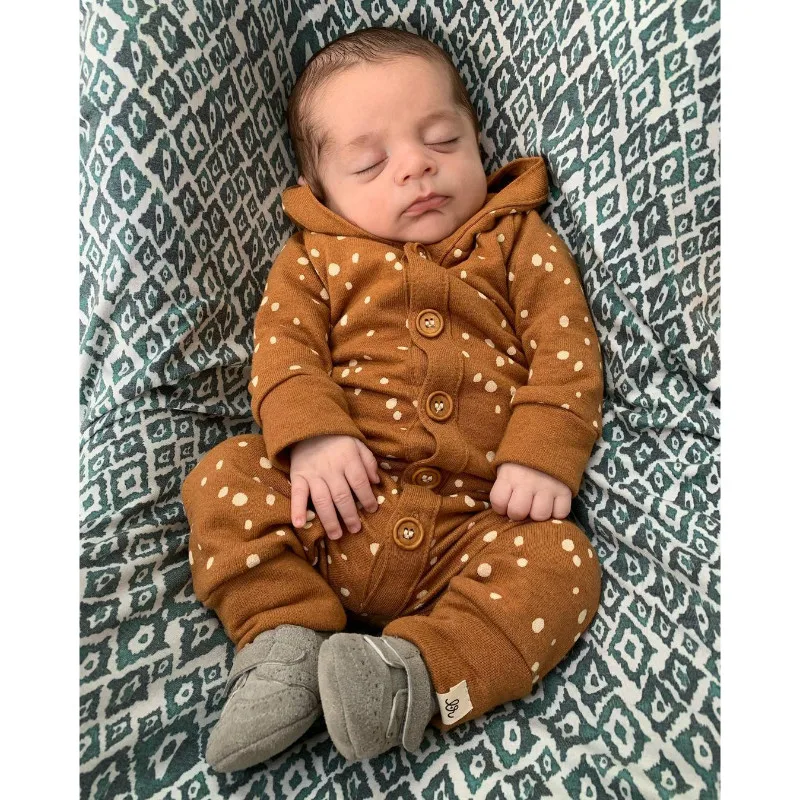 

2021 Newborn Casual Style Cotton Romper Polka Dot Pattern Long Sleeve Button Down Hooded Jumpsuit Toddler Girl Clothes