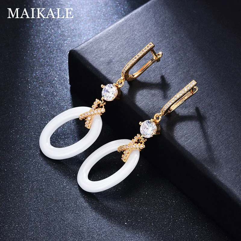MAIKALE, новые модные керамические висячие серьги, круглая форма х, медь AAA, фианит, черное белое золото; серебро; Сережки для женщин