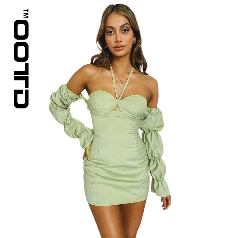 

OOTD INS 2021 Autumn New Women's Fashion Long-sleeved A Word Shoulder Bag Hip Of Cultivate One's Morality Dress Sexy Woman
