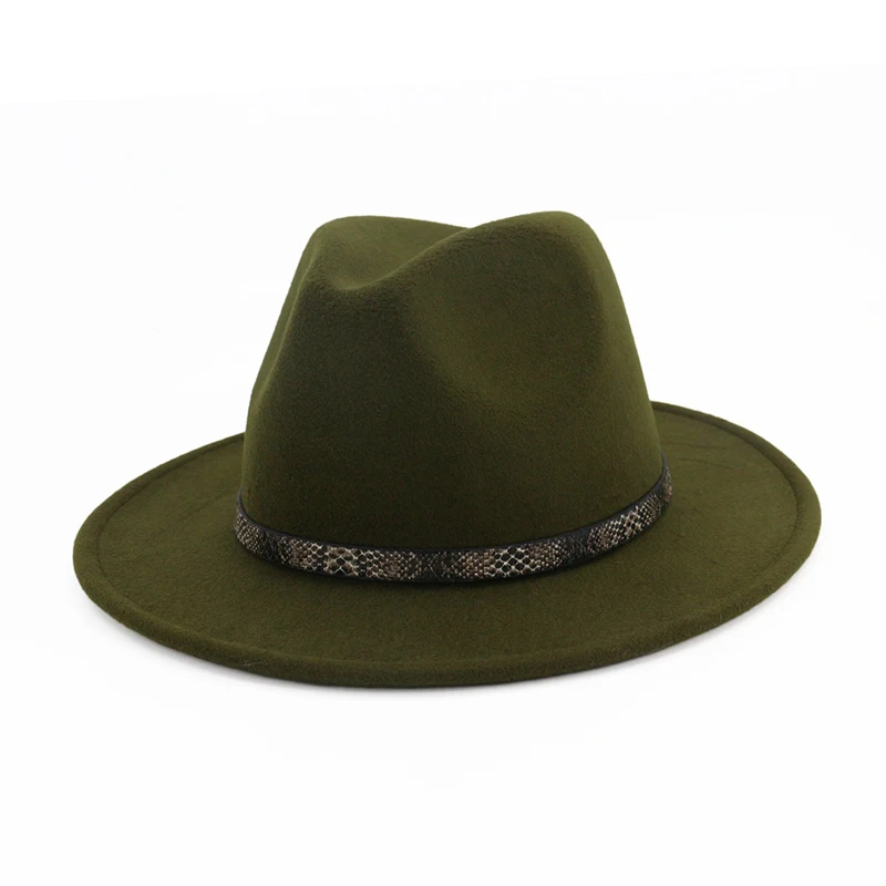 

Women Men Wide Brim Wool Felt Hat Floppy Jazz Cap Panama Fedora Hats with Snake Grain Leather Trilby Qb57