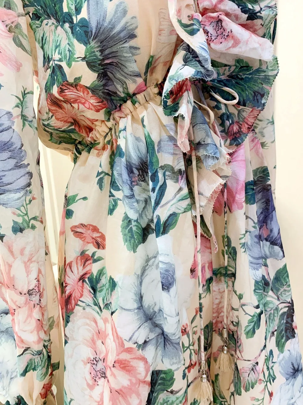 Women's New Summer Linen+ Silk Printing V-neck Long Sleeve Lacing Ruffle Fashion Playsuits