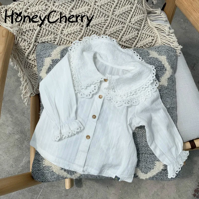 

Весенняя белая блузка, новая хлопковая рубашка принцессы для девочек, кружевной топ с длинными рукавами и лацканами, блузка для девочек