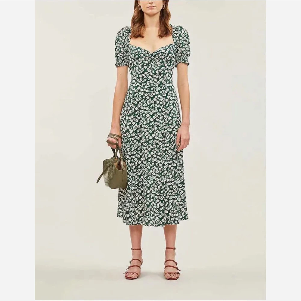 Женское винтажное платье средней длины зеленое Повседневное с цветочным принтом